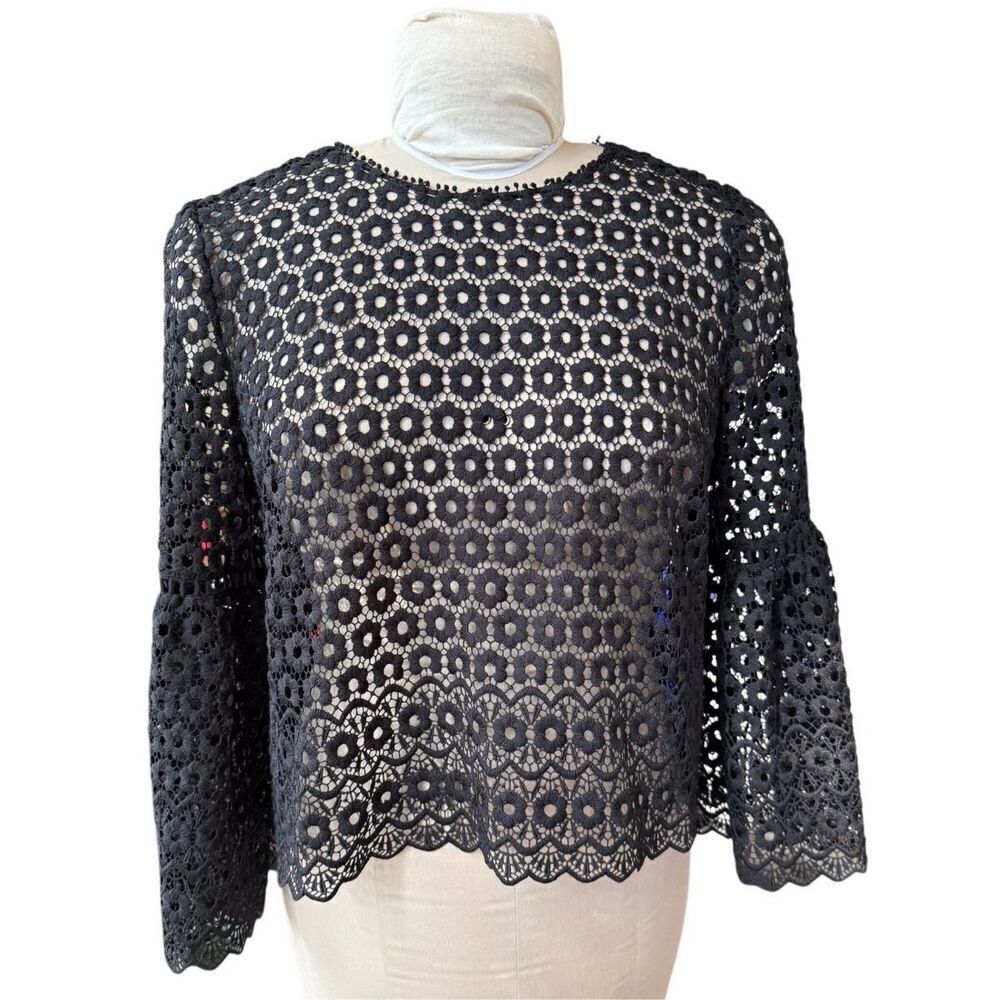 J. Crew Black Daisy Lace Top Sz. 10 3/4 Bell Sleeves